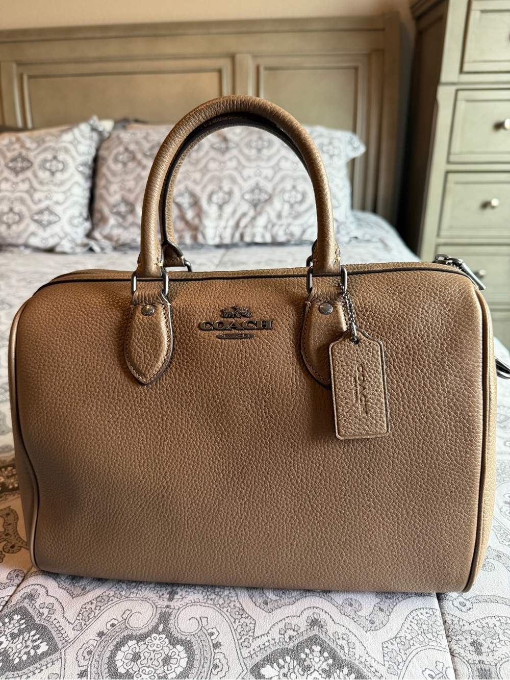COACH Dark Stone Pebble Leather Carryall Satchel & Gunmetal hardware NWT